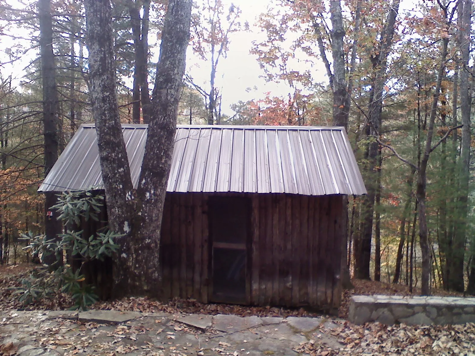 New metal gable roof on a small log shed among the trees in Calumet